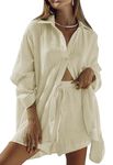 Fixmatti Women 2 Piece Outfits Long Sleeve Button Down Blouse and Shorts Sweatsuit Sets, Yellow, Medium