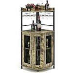 Giantex Corner Bar Cabinet with Glass Holder, Industrial Wine Metal Mesh Doors & Adjustable Shelf, Buffet Anti-tip Kit for Home Kitchen Dining Room Bistro, Taupe & Black