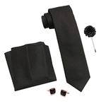 RIZORO Mens Plaid Micro Self Silk Necktie Tie Gift Set With Pocket Square, Cufflinks & Brooch Pin Formal Tie With Leatherite Box (Black, SIDIBKRB, Free Size)