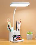 Rylan Acrylonitrile Butadiene Styrene 3 Color Table Lamp Rechargeable for Study with Phone Holder Flexible Arm Touch Light with Stepless Dimming, Desk Lamps with Pen Holder, White