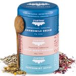 JusTea HERBAL TEA TRIO | 3 Flavour Tin Variety Pack with Hand Carved Tea Spoon| 45+ Cups of Loose Leaf Tea | Caffeine Free | Award-Winning | Fair Trade | Non-GMO