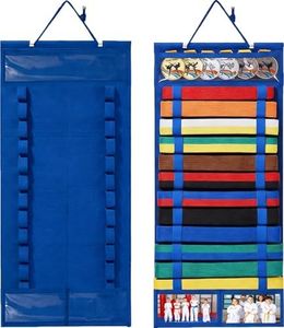 OXWIND Karate Belt Display Rack - 12 Felt Martial Arts Belt Display Holder with 2 Picture Frames & Clear Medal Box, No Assembly Required, for Taekwondo, BJJ, Jiu Jitsu, Karate Belts (Blue)