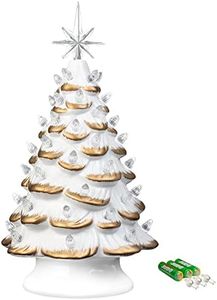 Sunlit Cordless Lighted Ceramic Christmas Tree Vintage Tabletop Christmas Decoration Pre-Lit Colorful Mini Light Bulbs 13'' Traditional AA Battery Operated LED - White and Gold