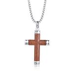 VNOX Two-Tone Stainless Steel Brazil Rosewood Wood Christian Baptism Jesus Cross Pendant Necklace for Men,24" Rolo Chain