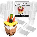 DLux 100 x 5.5 oz Mini Dessert Cups with Spoons, Square Large - Clear Plastic Parfait Appetizer Cup - Small Reusable Serving Bowl for Tasting Party Desserts Appetizers - with Recipe Ebook