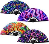 BBTO 4 Pcs UV Glow Large Folding Hand Rave Fan for Men Women Chinese Japanese Bamboo Folding Clack Hand Fan for EDM Music Festival Club Party Dance Performance Gift, 4 Styles, 25"(Fresh)