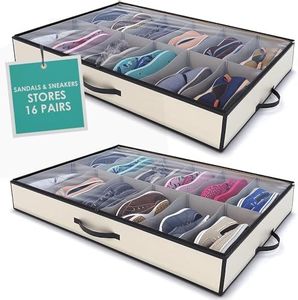 Woffit Under Bed Shoe Storage Organizer – Set of 2 Large Containers, Each Fit 12 Pairs of Shoes – Sturdy Box w/Strong Zipper & Handles – Underbed Organizers for Kids & Adults