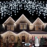 600LED Christmas Icicle Lights Plug in, 49ft + 16ft Hang Icicle String Lights with Remote Control, 8 Modes Twinkle Curtain Fairy Lights Waterproof for Window Home Wedding Decoration (White)