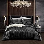 RevenRella 3 Piece Satin Duvet Cover Set Bedding Sets Italian Style 1800 Series Luxury Rich Silk Silky Super Soft Stripes Hidden Zipper Closure Reversible Wrinkle Free Honeymoon(Black, King)