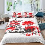 Chinese Ink Painting Pattern Duvet Cover Set Watercolor Gazebo River Bridge Bedding Set King For Girls Men Landscape Beds Set White Black Red Decor