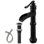 Matte Black Vessel Sink Faucet Waterfall with Pop Up Drain Assembly and Single-Handle Hole Supply Hose Lead-Free Vanity Lavatory Bathroom Faucet Mixer Tap