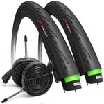Fincci Set Road Bike Tyres 700 x 25c - Black Racing 25-622 60TPI 700c Tyres - Turbo Trainer 700x25c Tyre 3 mm Nylon Protection with Presta Valve Inner Tubes 60mm for Cycle Race Bicycle