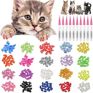 JOYJULY 100pcs Cat Nail Caps Pet Cat Claw Kitty Caps Control Soft Paws of 5 Different Colorful Nail Covers for Cats+ 5 Adhesive Glue+3 Applicator with Instruction, Small S