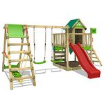 FATMOOSE Wooden climbing frame JazzyJungle with swing set SurfSwing and red slide, Playhouse on stilts for kids with sandpit, climbing ladder & play-accessories