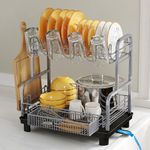2 Tier Stainless Steel Large Capacity Dish Drainers Drying Rack for Kitchen Counter, Metal Gray Rust Proof Plate Strainers Holder On Countertop with Drainboard Tray, Space Saving, Aesthetic Modern