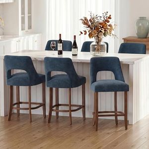 UVV Bar Stools Set of 6, Upholstered Counter Height Bar Stools, Modern Counter Stools with Wood Legs for Kitchen Island Dining Room Bar, Navy Blue