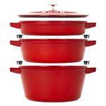 STAUB Cast Iron Set 4-pc, Stackable Space-Saving Cookware Set, Dutch Oven, Skillet, Grill Pan with Universal Lid, Made in France, Cherry