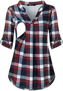 Quinee Nursing Shirts for Pregnancy - 3/4 Rolled Sleeve Breastfeeding Tops Blouses - Plus Size Nursing Tops - Summer Blue Red Plaid XL