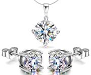 HighSpark 925 Silver Solitaire Earrings Pendant Necklace Set | 92.5 Sterling Silver & Diamond like Brilliance Sparkling Zirconia | Lovely Gift for Women & Girls - Silver Set 8mm