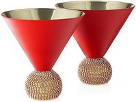 Diamond Studded Martini & Cocktail Glasses Set of 2 Red & Gold, Rhinestone Diamonds Stemless Crystal Ball Base, Bar or Party 10.5 oz, Shiny Style Crystals, Beautiful Hosting Rhinestones Glass