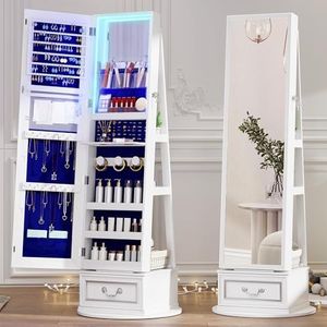 Vlsrka Mirror Jewelry Cabinet Standing, 360° Swivel Jewelry Armoire with Full Length Mirror, Lockable Mirror with Jewelry Storage, 3-Color LED Lights, Foldable Makeup Shelf, White