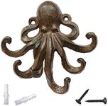 YMAISS Rustic Brown Cast Iron Octopus Hooks,Key Hooks,Sea Theme Hook,Coastal Hook,Antique Old Shabby Chic Cast Iron Hooks, Decorative Swimming Octopus Tentacles Key Hook Matching Screws Included