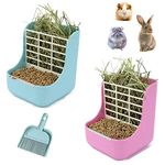 Lucky Interests 2pcs Rabbit Hay Food Bin Feeder, 2 in 1 Hanging Automatic Guinea Pig Hay Feeder Dispenser Grass & Food Bunny Bowl for Guinea Pig Rabbit Chinchilla with Mini Broom & Dustpan(Blue, Pink)