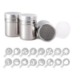 3pcs Powdered Sugar Shaker Duster with Lid, Stainless Steel Cinnamon Shaker Flour Sifter, Fine Mesh Dredges Shakers Container Cans for Baking Coffee Kitchen Salt Pepper, 16 Printing Molds Included