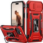 Nvollnoe for iPhone 15 Case with Slide Camera Cover Drop Tested Military Grade Heavy Duty Protective Durable Sturdy Rotate Ring Kickstand Phone Case for iPhone 15(Red)