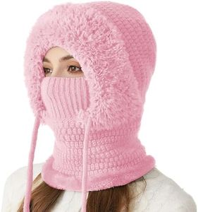3 in 1 Beanie Hat with Scarf and Mask, Warm Knitted Beanie Hat for Women, Cozy Beanie for Daily Wear (Pink)