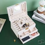 Cheri Bliss White Jewelry Box with Mirror, 3 Layer jewelry Holder Organizer, 2 Drawer Jewelry Storage, Big Earring Ring Necklace Jewelry boxes Tray for Women and Girls (White)