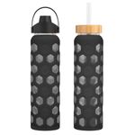 Luxgola 32 oz Glass Water Bottles with 2 Lids - Handle Spout Lid & Bamboo Straw Lid, Motivational Water Tumbler with Time Marker Reminder and Silicone Sleeve, Leakproof (Carbon Gray-1 Pack)