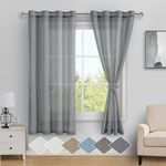 DWCN Sheer Linen Curtains Grey with Tiebacks, Eyelet Semi Blended Sheer Curtains Privacy Vertical Window Curtains & Drapes with Light Through for Bedroom Living Room, Each W132cm x D160cm, Set of 2