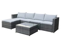 EVRE Miami Grey Rattan Outdoor Garden Furniture Set, Corner Sofa, Glass Coffee Table Foot Stool and Cushions for Patios Conservatories Indoor Seating Dining