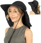 SUN CUBE Women Hiking Hat Fishing Hat | Ponytail Sun Hat with Neck Flap Wide Brim | Summer Outdoor Camping Beach Safari Ladies Foldable Woman Hat UPF50+ (Black)