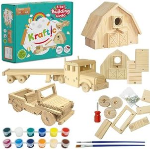 Kraftic Woodworking Building Kit for Kids and Adults, Set of 3 Educational DIY Carpentry Construction Wood Model Kit Toy Projects for Boys and Girls - Off-Road Vehicle, Flatbed Truck, Barn Birdhouse