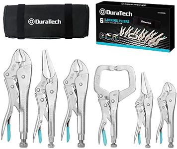 DURATECH 6-Piece CR-V Locking Pliers Set, 6-1/2”, 9-1/2” Long Nose Locking Pliers, 5”, 7” and 10” Curved Jaw Locking Pliers, 6” C-clamp Locking Pliers, Fast Release with Oxford Rolling Pouch