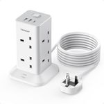 TESSAN Tower Extension Lead 3M with 3 USB Slots, Extension Cable 8 Way Multi Socket Plug with Switch, Surge Protected Power Strip for Home, Office, Kitchen Supplies