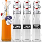 Volila Glass Bottles with Stoppers 500ml - 6 Pack Clear Swing Top for Homebrewing, Beverages, Kombucha, Wine, Vinegar and Oil - Flip Top with Leak Proof Caps, Labels, Pen and Brush