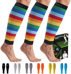 NEWZILL Calf Compression Sleeve for Men & Women | Footless Compression Socks for Shin Splint Relief, Varicose Veins | Leg Sleeve for Running, Travel, Nursing, Work, Fitness (Rainbow 3Pairs L/XL)