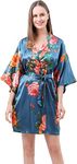 Luxurysmart Peony Floral Silk Kimono Robe Bridal Bridesmaid Robes Dressing Gown for Women (Teal, Large-X-Large)