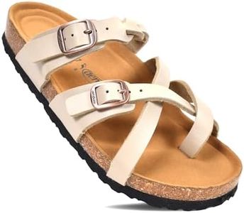 AEROTHOTIC Womens Strappy Slip-On Modern Memory Foam Cushion Footbed Outdoor Adjustable Buckle Cork Footbed Slides for Sandals with Comfortable Arch Support (Sierra Cream, Size 8)
