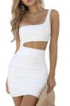 CHYRII Woman Sexy Bodycon One Shoulder Ruched Cutout Mini Club Dress White XL