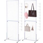 Therwen 2 Pack Grid Wall Panel Wire Grid Display Stand with 40 Hooks Wire Grid Wall Display Racks with T Base Floor Standing Sturdy Frame Art Show Rack Display Panels Grid Wall Panel Tower (White)