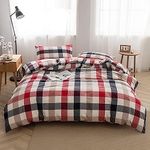 Face Two Face Bedding Duvet Cover Set 100% Washed Cotton Duvet Cover Linen Like Textured Breathable Durable Soft Comfy(King, Blue red Grid)