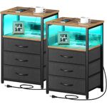 Seventable Nightstand Set of 2 with Charging Station, Side Table with 3 Fabric Drawers, End Table with LED Lights, USB Ports and Outlets, Night Stand for Bedroom, Rustic Brown