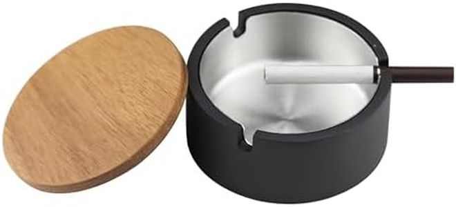 FREELOVE Round Concrete Ashtray with Lid & Stainless Steel Cup Set, Weed Ash Tray for Cigarettes, Outdoor Smoking Holder Outside Patio, Indoor Smoke Accessories Cool Decor Gift (Black-Wood, Tall)