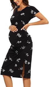 Smallshow Women's Split Maternity Dress Short Sleeve Ruched Pregnancy Clothes, Floral Black White, XX-Large