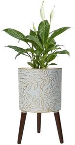 Opnons 12inch Plant Pots with Wood Planter Holder Indoor Flower Pot with Gold Floral Embossed Modern Planters with Drainage Holes for Living Room, Office, Garden or Balcony