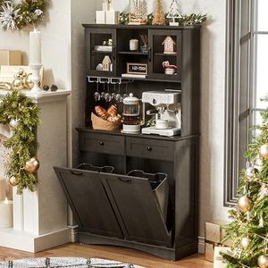 OUTGUAVA Tilt Out Trash Cabinet, Kitchen Pantry Storage Cabinets with Adjustable Shelves and Drawers, Wooden Freestanding Cabinet Trash Cans for Kitchen Living Room Dining Room, Black, 26 Gallons